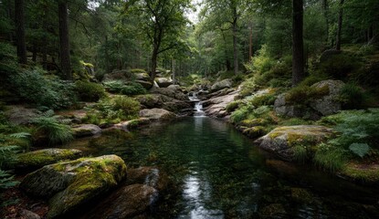 Fototapeta premium Tranquil forest stream. Lush greenery, clear water