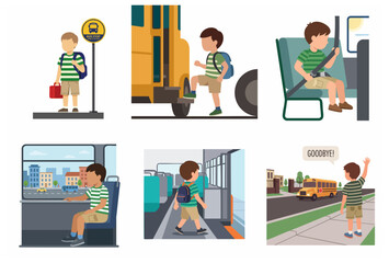 Fototapeta premium Illustrative set showing a student's daily school bus journey including boarding, safety rules, and waving goodbye