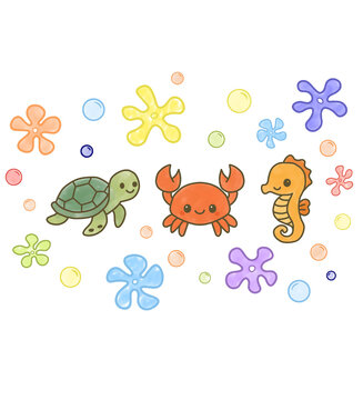Cute sea turtle, red crab, and seahorse surrounded by colorful bubbles and floral shapes