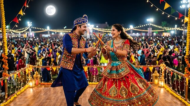 Indian couple performing garba dance with dandiya sticks at night event