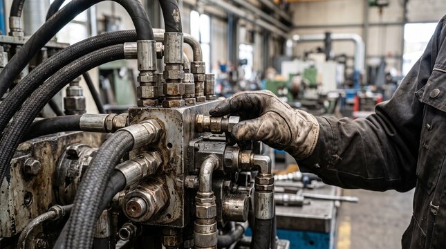Industrial hydraulic valve assembly maintenance in a machine shop.