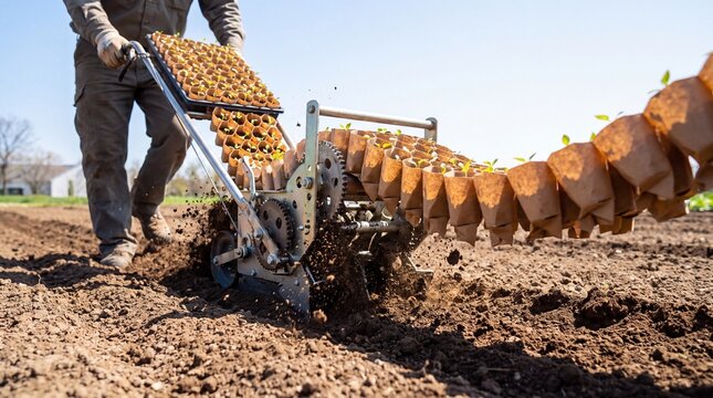 Farmer uses a transplanter machine to plant seedlings in a field, showcasing modern agricultural techniques and organic farming.