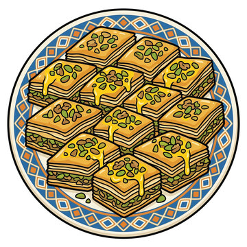 A plate of delicious, golden-brown baklava pastries topped with chopped pistachios and syrup.