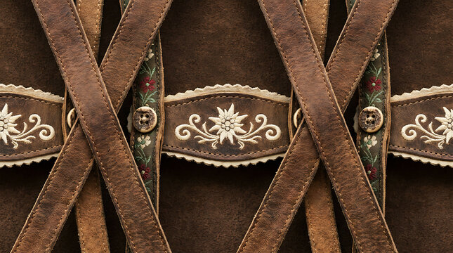 Crossed leather suspender straps with embroidered edelweiss pattern