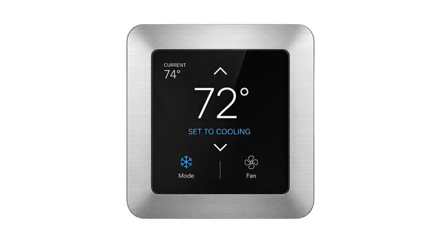 Smart thermostat digital controller with silver metal frame showing current home temperature settings for modern climate control and energy efficiency solutions.