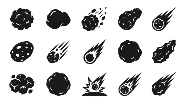 Set of black asteroid and meteorite icons on a white background