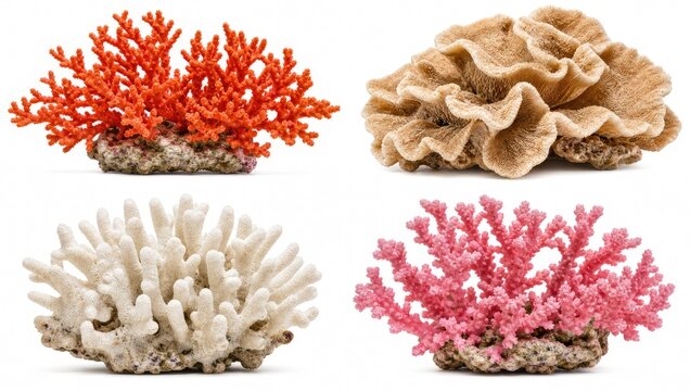 Diverse collection of vibrant coral polyps and marine invertebrates, showcasing natural beauty and varied forms, isolated white background.