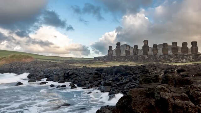 View of the iconic Moai statues at Ahu Tongariki standing in a row against a twilight sky on Easter Island, Valparaiso, Chile.