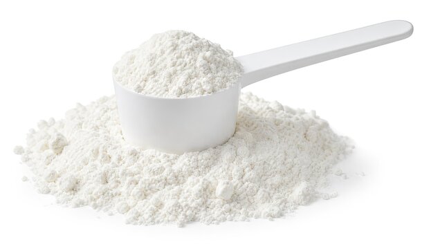 Measuring scoop with white powder and pile of flour isolated on white background represents nutrition supplements or baking ingredients for kitchen food prep.