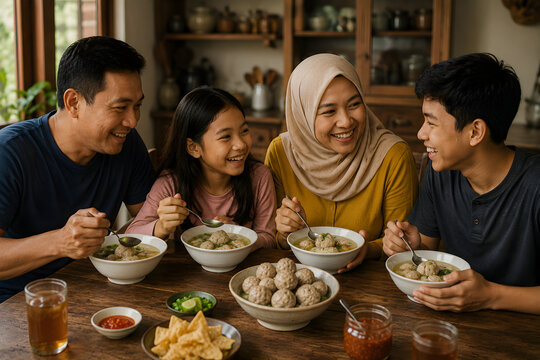 Indonesian family enjoying bowls of hot bakso meatball soup together around a dining table, capturing a warm family meal, natural expressions, and everyday household dining.