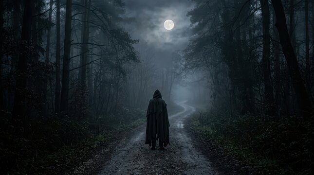 Mysterious person in a hooded cloak standing on a dark forest path at night