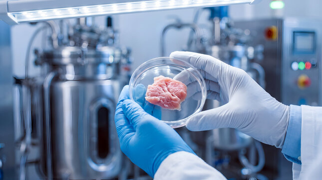 Scientist inspects cultivated meat sample in petri dish within sterile lab, showcasing sustainable food production and biotech research