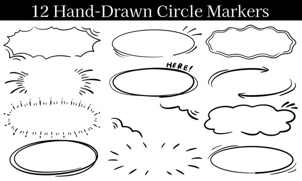 Hand drawn large wide oval bullet points mark collection, isolated black ink highlight wide circle PNG set, hand-drawn checklist frame icons, original stroke element for banner, planner, journal