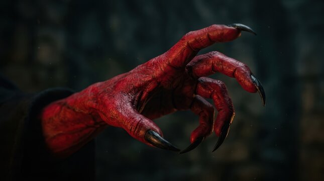 Scary red monster hand with sharp claws reaching out from the dark