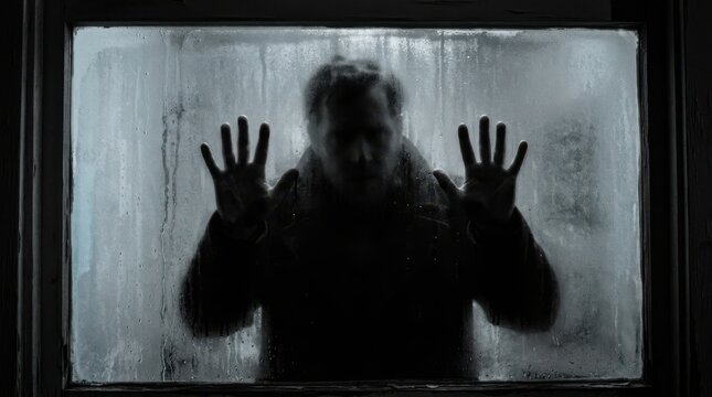 Scary silhouette of a person trapped behind a dirty glass window in the dark