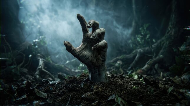 Scary zombie hand reaching out from the dark soil in a mysterious forest