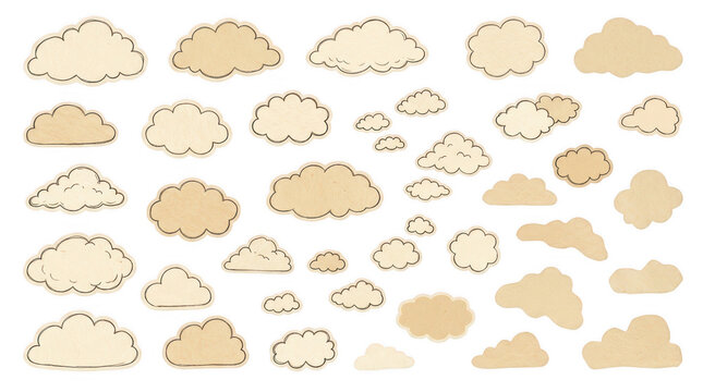 Vintage hand drawn clouds set, beige paper texture cloud collection, retro sketch sky elements for scrapbooking and design isolated on Transparent Background