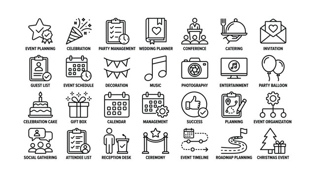 Set of event organization icons with transparent background for planning purposes