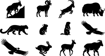 Obraz premium Mountain wildlife animal silhouette vector icon set