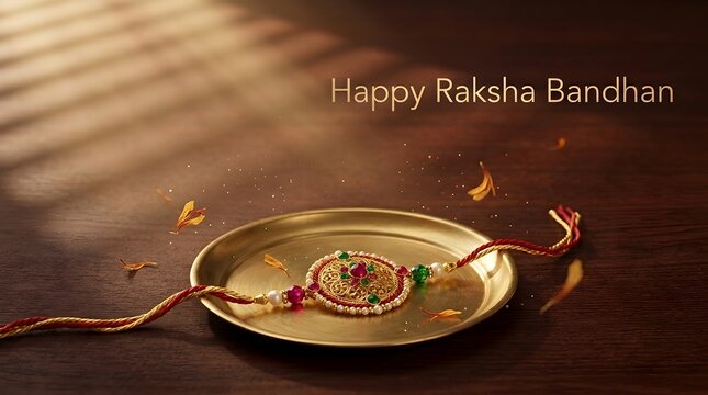 Decorative Rakhi thread on a golden plate for the Indian festival of Raksha Bandhan.