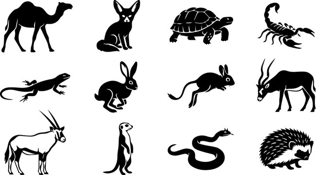 Desert animal silhouettes set with camel fox snake and scorpion vector