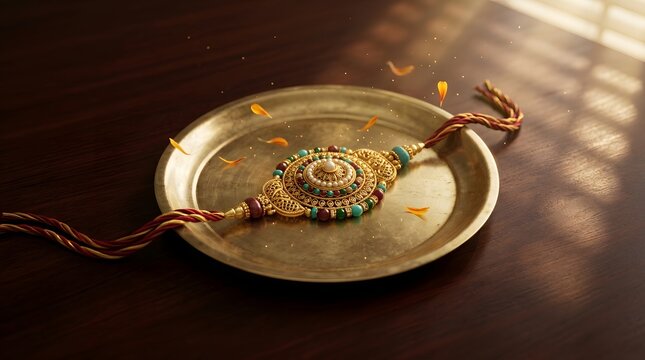 Decorative Rakhi bracelet placed on a brass plate for the Indian festival of Raksha Bandhan.