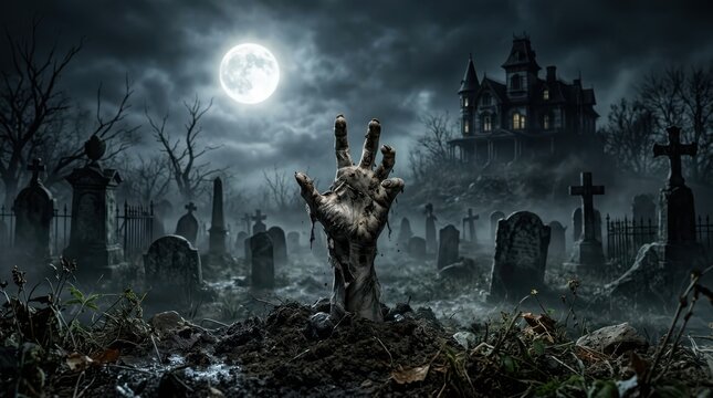 Zombie hand rising from the ground in a spooky graveyard at night under full moon