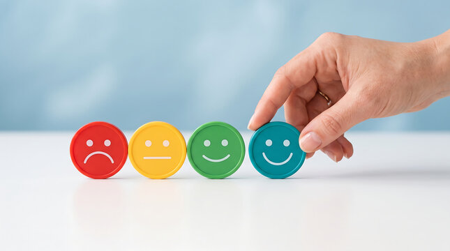Hand selecting a happy face icon from a row of emotion feedback symbols representing customer satisfaction and positive experiences