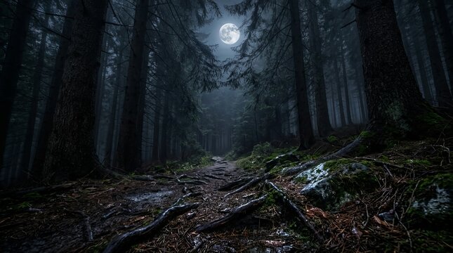 A solitary path winds through a dense dark forest under a bright full moon with ethereal fog adding to mysterious and spooky ambiance perfect for Halloween themes.