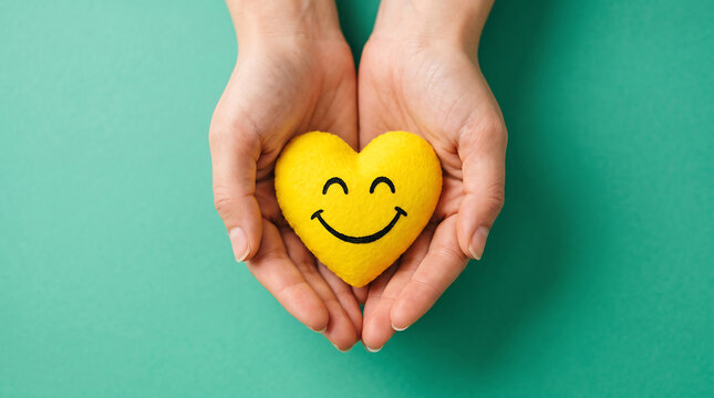 Hands gently cradling a bright yellow heart with a smiling face against a vibrant teal background representing care and affection