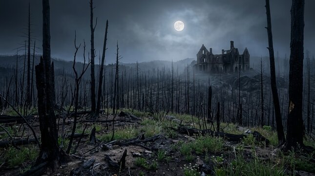 Dilapidated abandoned mansion stands atop hill surrounded by desolate burnt forest landscape under ominous full moon night sky perfect backdrop for dark fantasy or gothic horror themes.