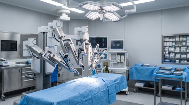Robotic surgical system in modern high tech operating room.