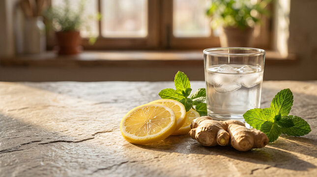 Fresh glass of water with ice, lemon slices, ginger root and mint leaves on table