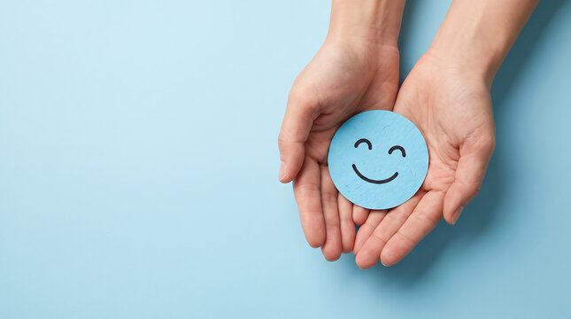 Hands gently holding a blue pixelated smiley face on a light blue background representing happiness and positive emotions