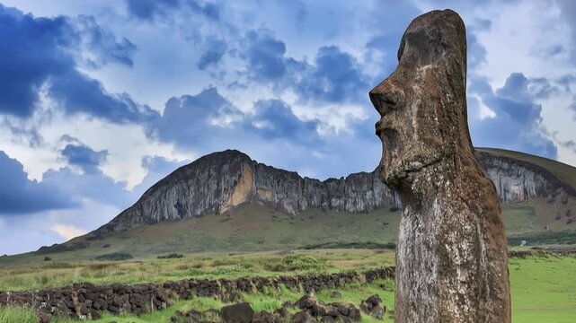 View of the iconic Moai statues at Ahu Tongariki standing in a row against a twilight sky on Easter Island, Valparaiso, Chile.