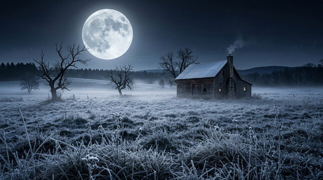 Rustic wooden cabin nestled in a frosty winter field glows faintly under the bright light of a massive full moon during a cold starry night creating a serene mood.