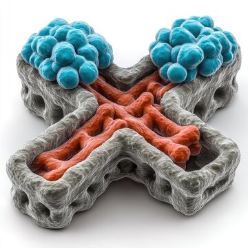 Molecular structure, cross-shaped, with two clusters of spheres