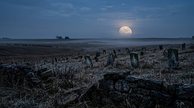 Spooky old cemetery with weathered headstones on a frosty grassy hill sits under a large glowing moon rising over a foggy distant farmland landscape during twilight.