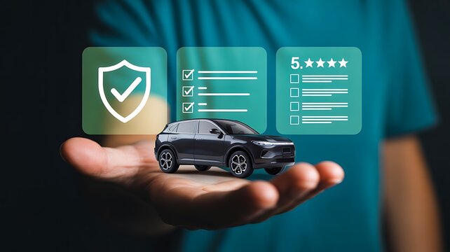 Car insurance protection concept with vehicle, shield, checklist, and rating icons