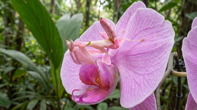 Pink Orchid Mantis Blends Perfectly with Orchid Flower Petals in Tropical Rainforest