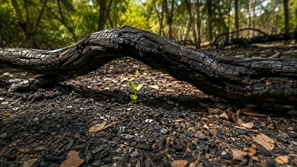 Fototapeta premium Burned Forest Landscape with New Green Growth After Wildfire – Nature Recovery and Environmental Resilience Concept
