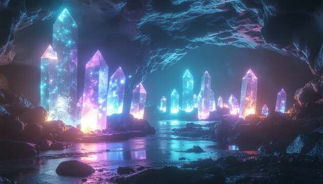 Fantasy crystal cave with glowing translucent crystals and reflection