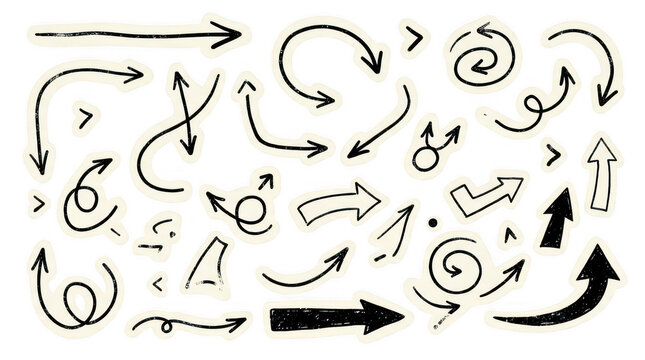 Hand-drawn black arrow collection, sketchy ink pointer set, decorative charcoal doodle arrows for business presentations and creative design isolated on Transparent Background