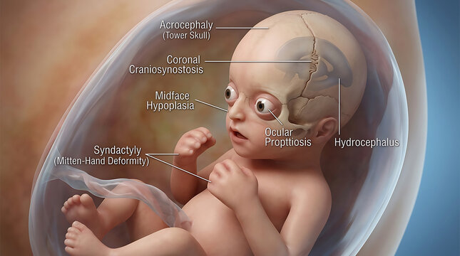 Transparent Severe Apert Syndrome with Craniosynostosis Acrocephaly Complex Syndactyly Mitten-Hand Deformity Midface Hypoplasia Proptosis Beaked Nose Pathology
