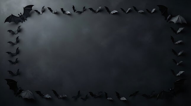 A dark halloween background featuring a rectangular frame made of flying black bats on a smoky surface