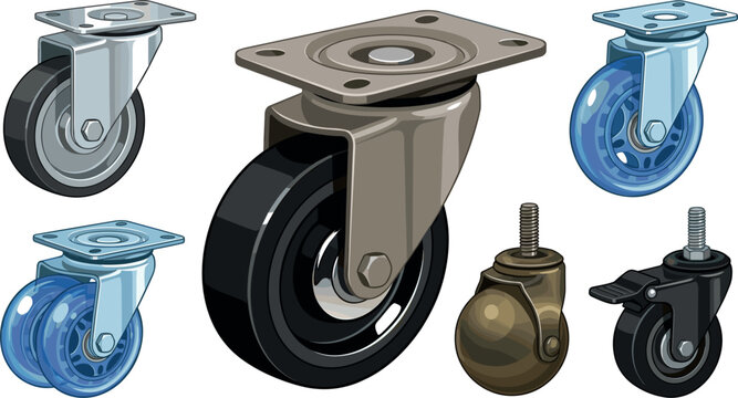 Caster Wheels Vector Set with Swivel Plate Rubber Casters Stem Ball and Brake Wheels for Industrial Furniture and Equipment Hardware Designs