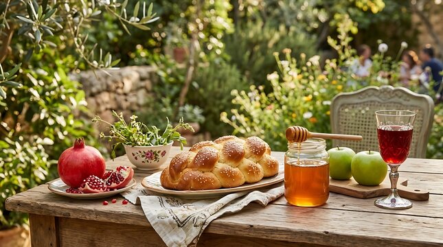 Fresh challah bread with honey and pomegranate on a sunny garden table