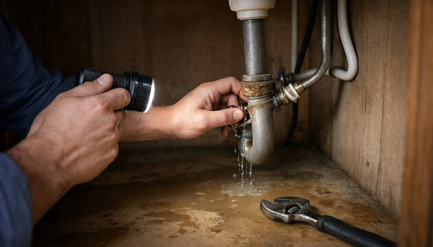 Plumber Inspecting Leaking Pipe Joint Under Kitchen Sink with Wrench Tool