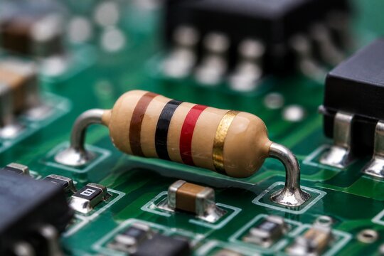 Axial resistor mounted on circuit board closeup with components