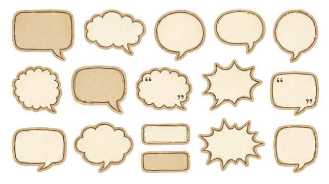 Vintage paper speech bubbles set, retro cardboard talk clouds collection, 17 textured chat balloons for scrapbooking and design isolated on Transparent Background